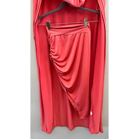 Fashion Nova 3 Piece Cardigan Skirt Set Coral Size Small Crop Top Bodycon - Picture 9 of 12